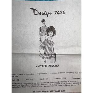 knitting pattern 7426 ribbed short sleeve sleevless sweater 1960s Size 32-38